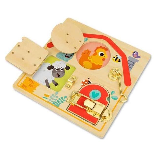 Tooky Toy Manipulationsbrett aus Holz zum Öffnen und Schliessen von Schlössern mit Tieren (TH985)