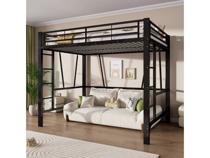 REDOM Hochbett Metallbett Jugendbett (mit Metallgestell und Doppelleiter, offene Fläche unter dem Bett 140x200 cm, Funktionsbett Kinderbett) Inklusive Matratze