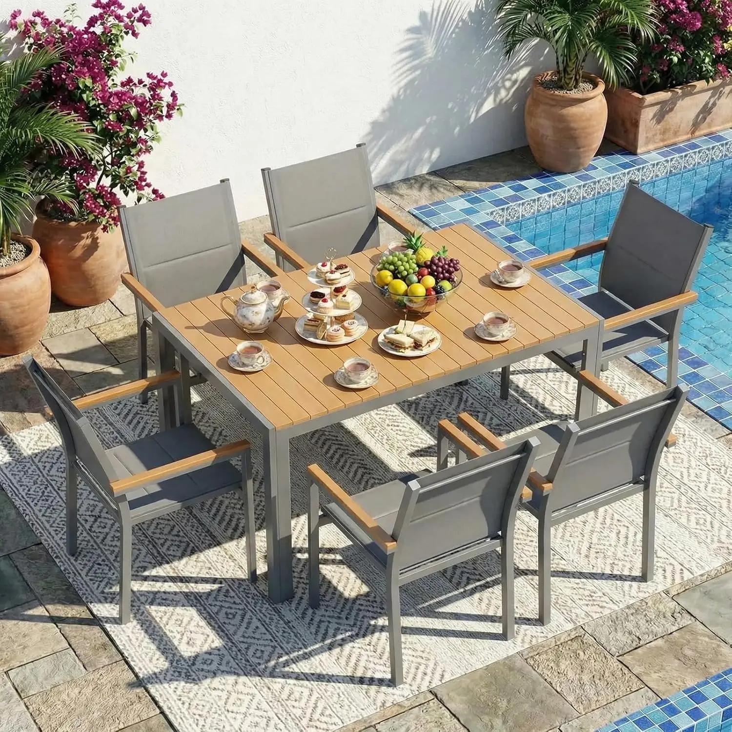 Gartenstühle - Stapelbare Esszimmerstühle - 6er-Set - Aluminium - Textilene - Gesteppte Rückenlehne und Sitzfläche - Armlehnen - Grau