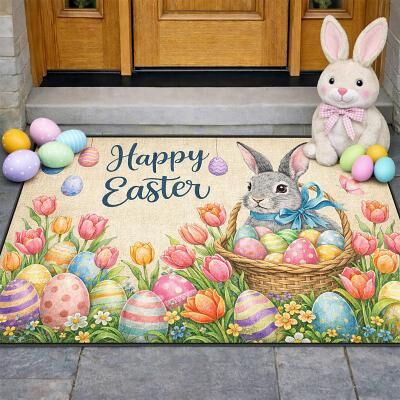 LightInthebox Easter Doormat Happy Easter Greeting with Bunny in Basket of Eggs and Colorful Tulips Perfect Festive Spring Welcome Mat