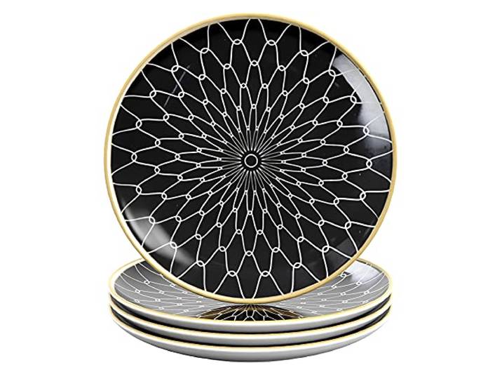 INTIRILIFE 4x Porzellan Teller Muster Verbunden - Schwarz Weiß - Durchmesser 20.5 cm - Frühstücksteller Dessertteller Servierteller für Salat Früchte Pasta Dessert Hauptgang und Snacks