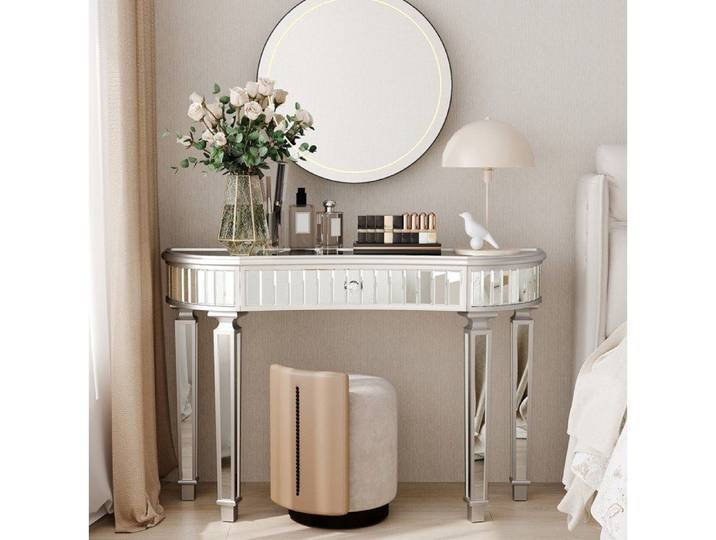 Console demi-lune miroir 120 cm avec 1 tiroir verre rainuré gris et argenté