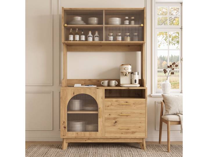 REDOM Küchenbuffet Design-Schrank – Acryl-Wellenfront, USB & Steckdosen (Packung, 1-St., Natur, 100,5×40×178 cm, für moderne Räume) elegante Optik, moderner Stil, zeitlos