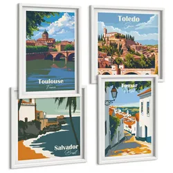 BILDER SET 4er Set - 50x50 cm & 40x60 cm Weißer Rahmen - Retro-Stadtgrafiken