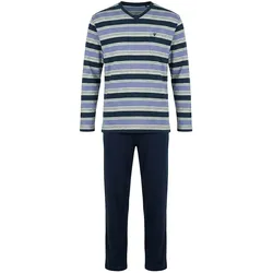 hajo Herren Schlafanzug lang - Klima-Light, lang, V-Neck, gestreift, Baumwollmix Blau / 3XL