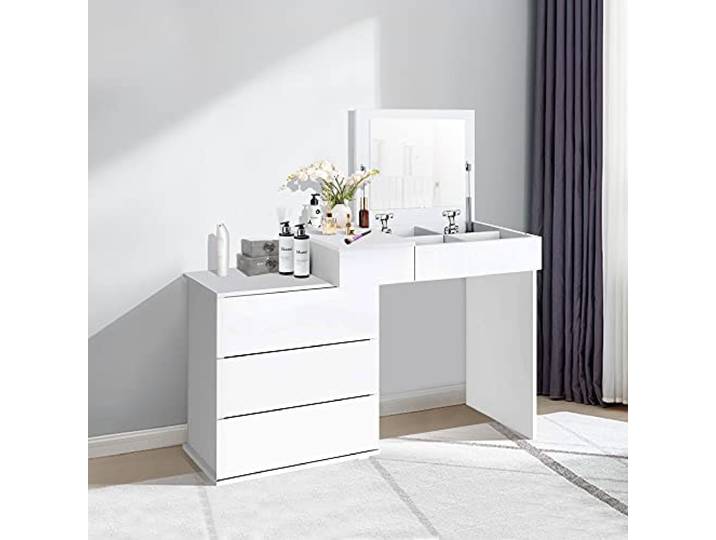 ML-Design Schminktisch Weiß, Frisiertisch mit Klappspiegel, 4 Schubladen & 4 Fächern, 117,5 x 78 x 45 cm, Kosmetiktisch für Damen & Mädchen, Frisierkommode aus MDF Holz, Schminkkommode Make-up Tisch