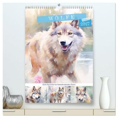 Wölfe. Zarte Aquarelle von beeindruckenden Tieren (hochwertiger Premium Wandkalender 2027 DIN A2 hoch), Kunstdruck in Hochglanz