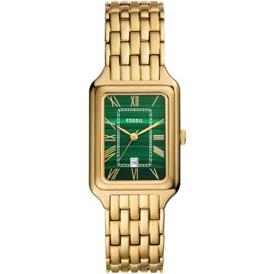 Quarzuhr FOSSIL "Raquel", gold (gelbgoldfarben, grün), Armbanduhren, Damen, Quarzuhr, Armbanduhr, Damenuhr, Datum, analog, Edelstahlarmband