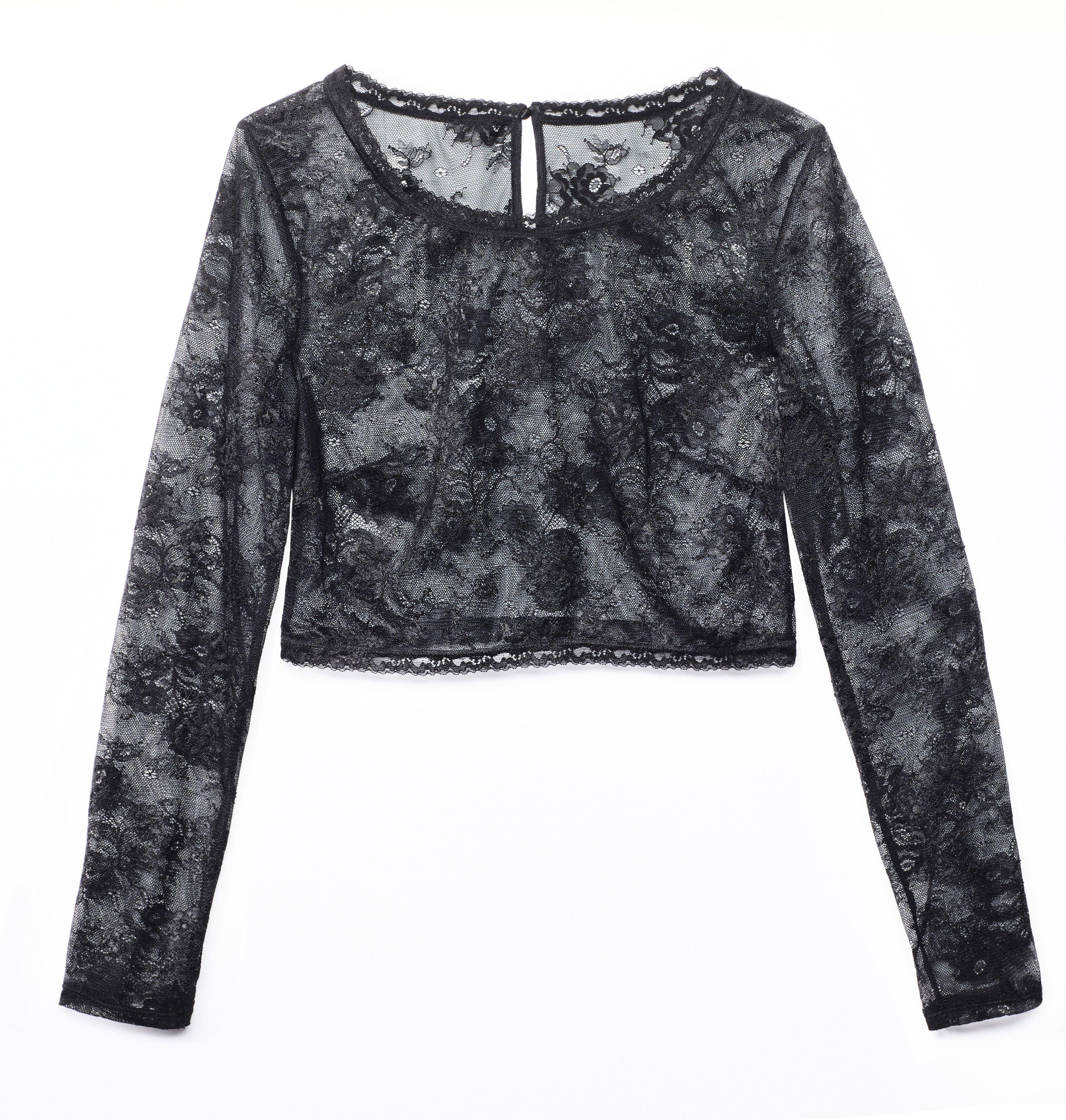 Spitzentop LASCANA, Damen, Gr. 42, blau (schwarz), Spitze, Obermaterial: 90% Polyamid, 10% Elasthan, tiefer Rundhals, Tops Spitzentop, mit langen Ärmeln – feminin, elegant und ideal zu kombinieren schwarz 42