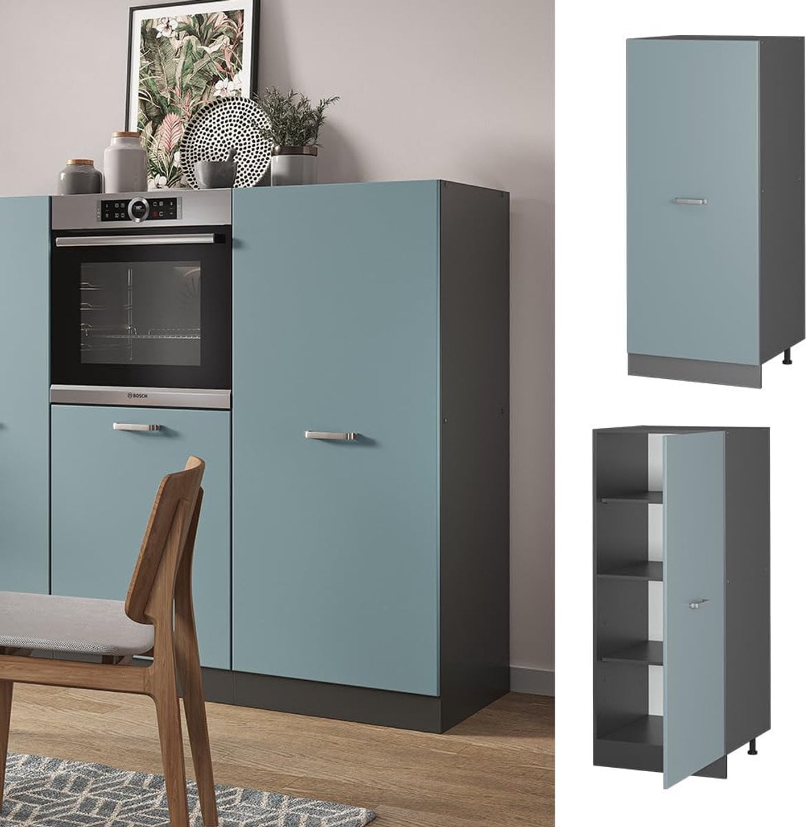 Modulaire hoge keukenkast voorraadkast in blauwgrijs antraciet, Breedte: 60 cm