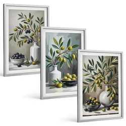 BILDER SET 3er Set - 40x60 cm Silberner Rahmen - Keramik olivgrau
