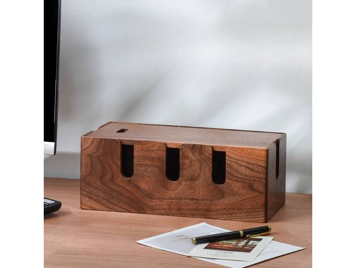 Boîtier de rangement pour câbles, Boîte de rangement, Câble de charge, Organisateur de câbles, Câble de données, Multiprise, Boîte à câbles en noyer, Boîtier hub de bureau.