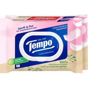Tempo Feuchtes-Toilettenpapier Sanft & Pur, 99% Wasser, extra Frische & Sauberkeit, Duo Pack, 2x 42 Tücher, 2 Stück
