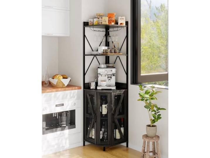 183cm Küchenschränke, Eck-Weinschrank mit Steckdose, industrieller Weinschrank mit LED-Streifen und Glashalter, 5-stöckiger Spirituosenschrank für die Hausbar, ideal für kleine Räume, Vitrinen, 12 Far