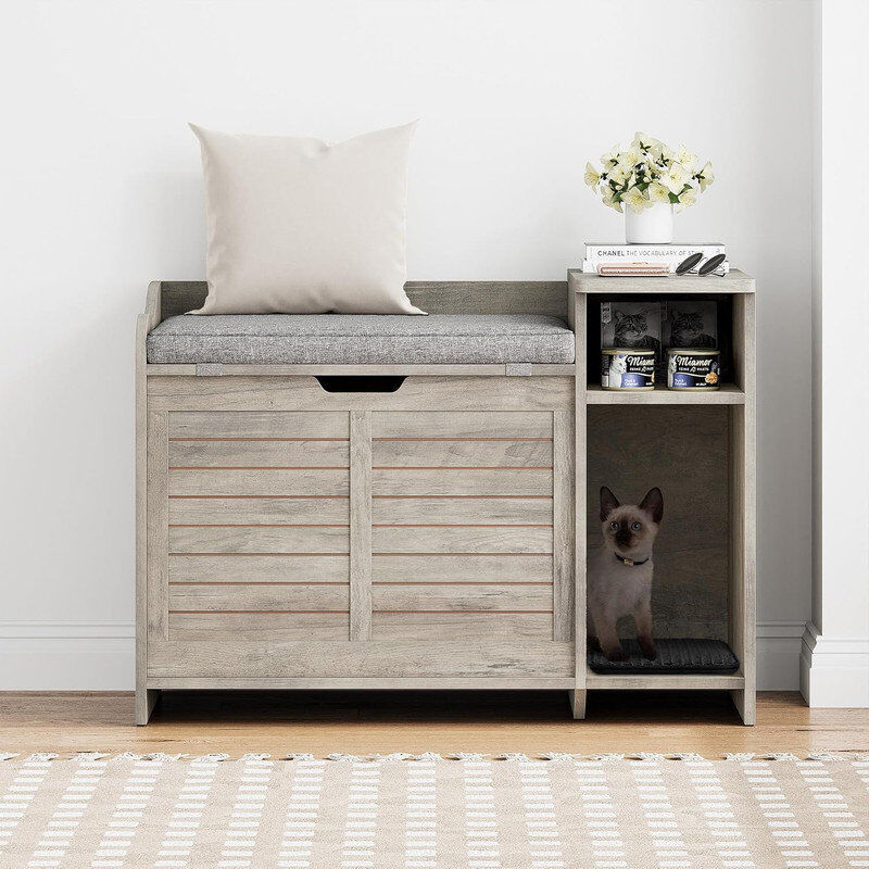 Blue Elephant Cat Box Cabinet 2-in-1, Hidden Litter Box Furniture with Storage&Cushion, Cat Litterbox Furniture with Door, Indoor Wooden Covered Cat House for Hallw Grey 61.5cm H X 85.9cm W X 49.8cm D