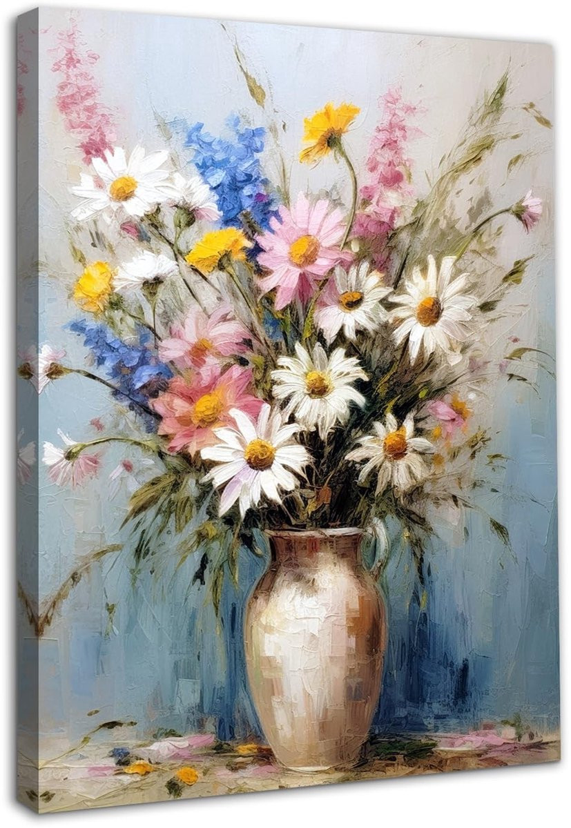 Allecto Vintage Floral Kunst - Kleurrijke Bloemenvaas - Ingelijste Canvas Wanddecoratie