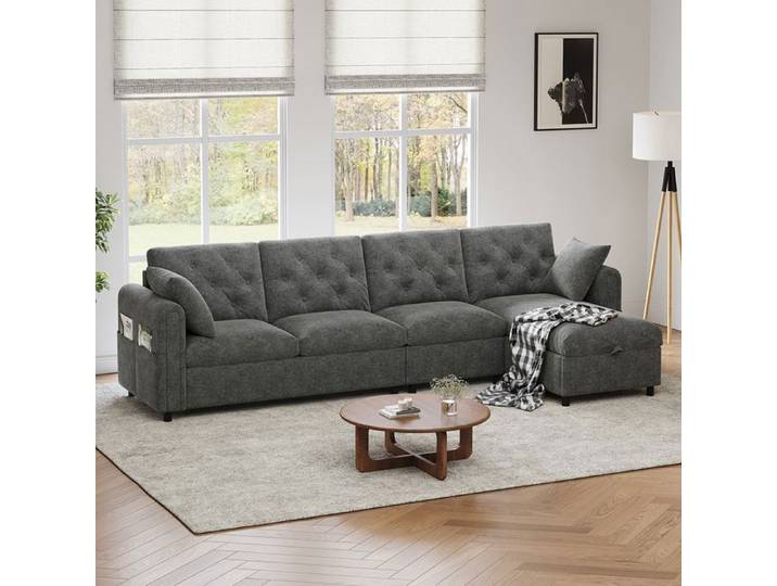 Luscriate - Canapé angle velours 281 cm coffre rangement réversible poches latérales dossier capitonné - Gris