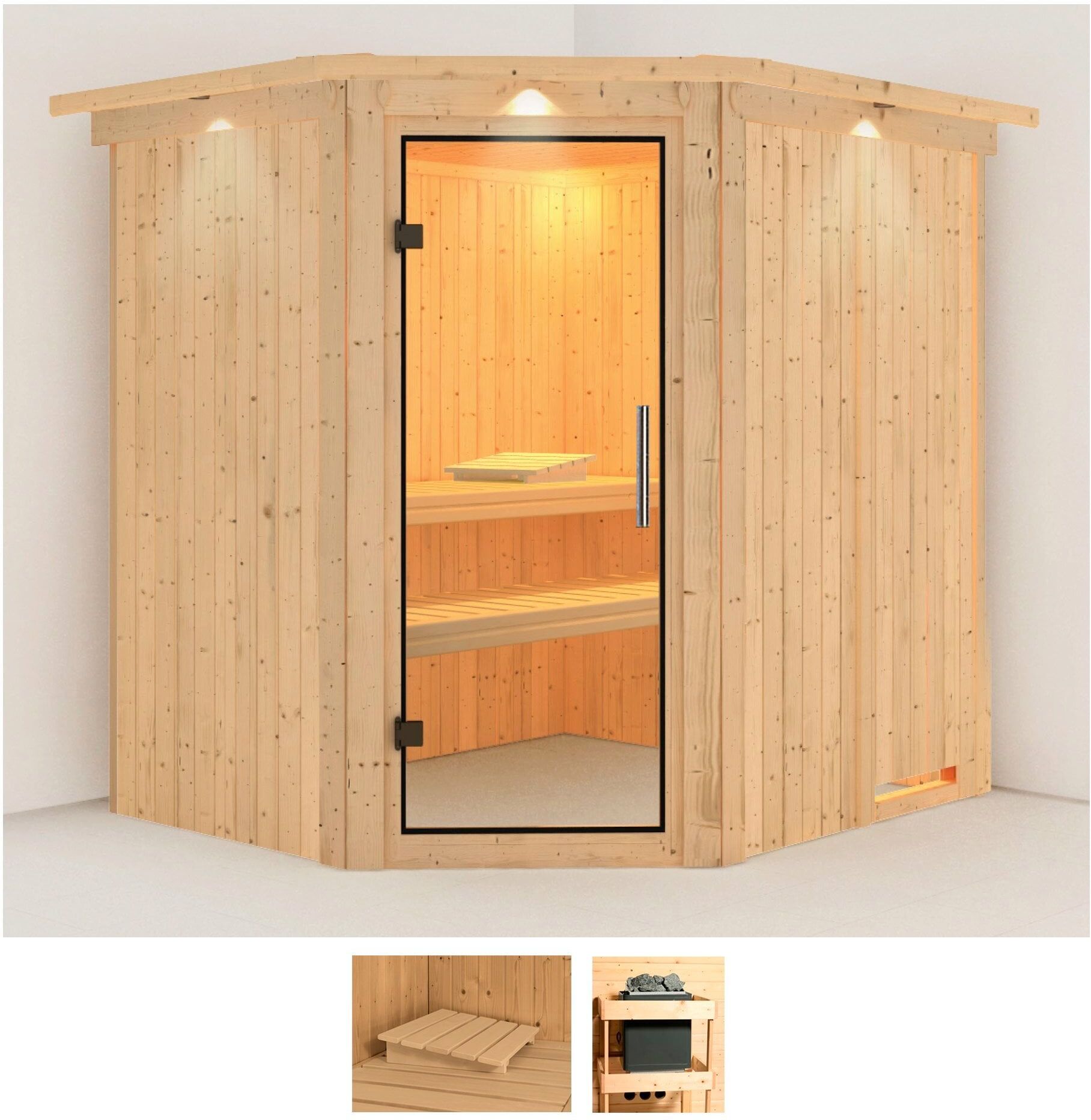 Sauna KARIBU "Stine", beige (naturbelassen), ohne Ofen, (ohne Ofen), Saunen, ohne Ofen