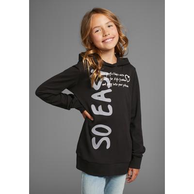 Kapuzenshirt KIDSWORLD "SO EASY - Print", Mädchen, Gr. 128/134, schwarz, Interlock, Obermaterial: 100% Baumwolle, bedruckt, Basic Po-bedeckend, Bündchen, Shirts Kapuzenshirt, Langarm, Basic-Passform, mit modischen Drucken
