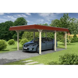 Carport Wendland 362x628 rote Blende, unbehandelt, 20mm Dachschalung mit EPDM Folie Holzcarport