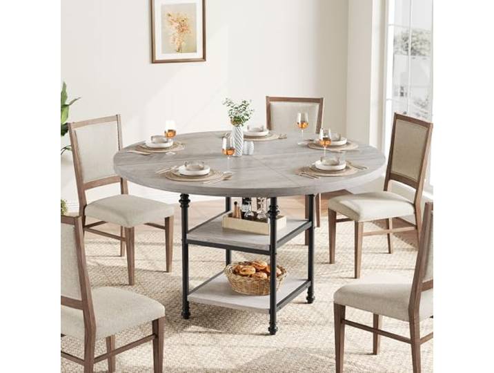 GarveeMore Runder Esstisch Für 4–6 Personen, Mit Römischen Säulenbeinen, 120 cm Durchmesser, Mit Stauraum, Metall-Küchentisch, Geeignet Für Küche, Esszimmer Und Wohnzimmer (Nur Tisch)