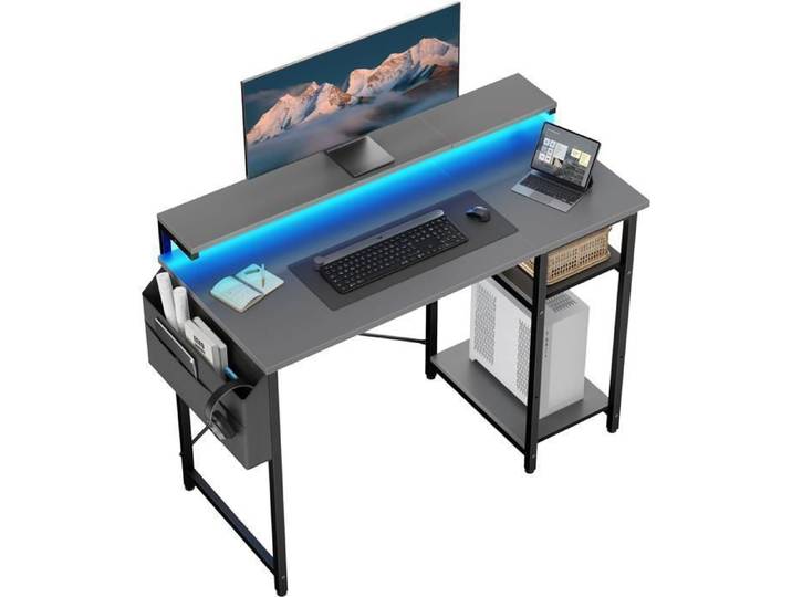 ECOFURNIX Bureau avec Rangement 100 x 48 cm Bureau informatique avec LED & Support de Moniteur Étagères Réglable Gris
