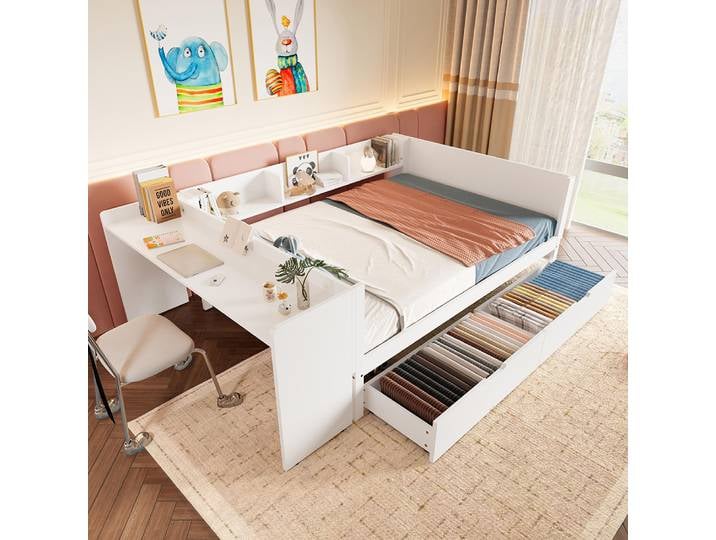 KOMHTOM Lit plateforme en bois 140x200cm, lit plateforme avec bureau, dossier, sommier à lattes, 2 tiroirs et étagères, sans matelas, blanc