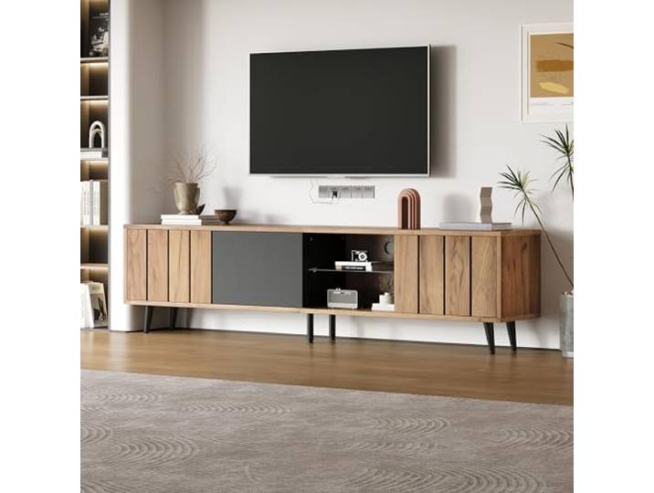 BTM Fernsehschrank 175x31.5cm mit 3 Schränken & Glas-Ebenen Lowboard für 75-Zoll-TV Naturholz-Schwarz Design 30kg Tragkraft