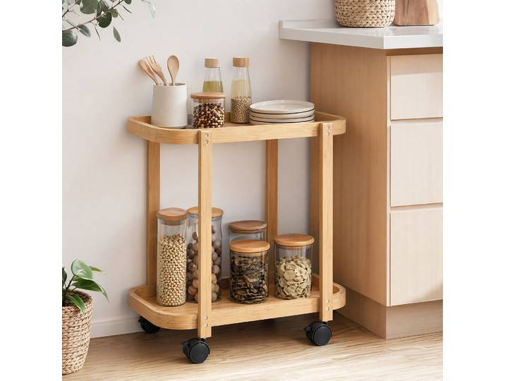 HOMCOM Desserte Bambou 2 Niveaux à Roulettes 54x36,5x60cm