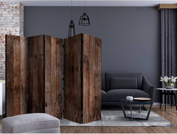 Paravent Wooden Hut 1-seitig Vlies auf Massivholz Braun 225 x 172cm