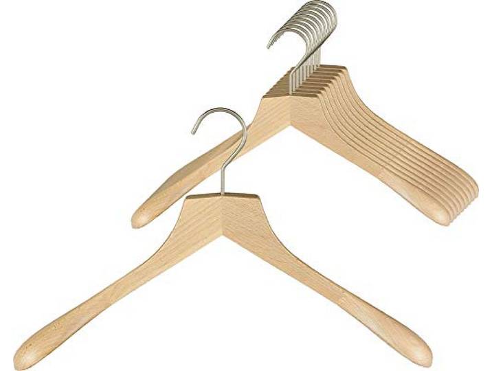 MAWA Kleiderbügel, 10 Stück, hochwertiger Holzbügel mit Schulterverbreiterung für Mäntel und Jacketts, FSC® Zertifiziert, 360° drehbarer Haken, Kleiderbügel aus Buchenholz, 45 cm, Natur