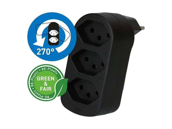 Max Hauri Abzweigstecker Adapt 3x Typ 13 schwarz drehbar Green+Fair