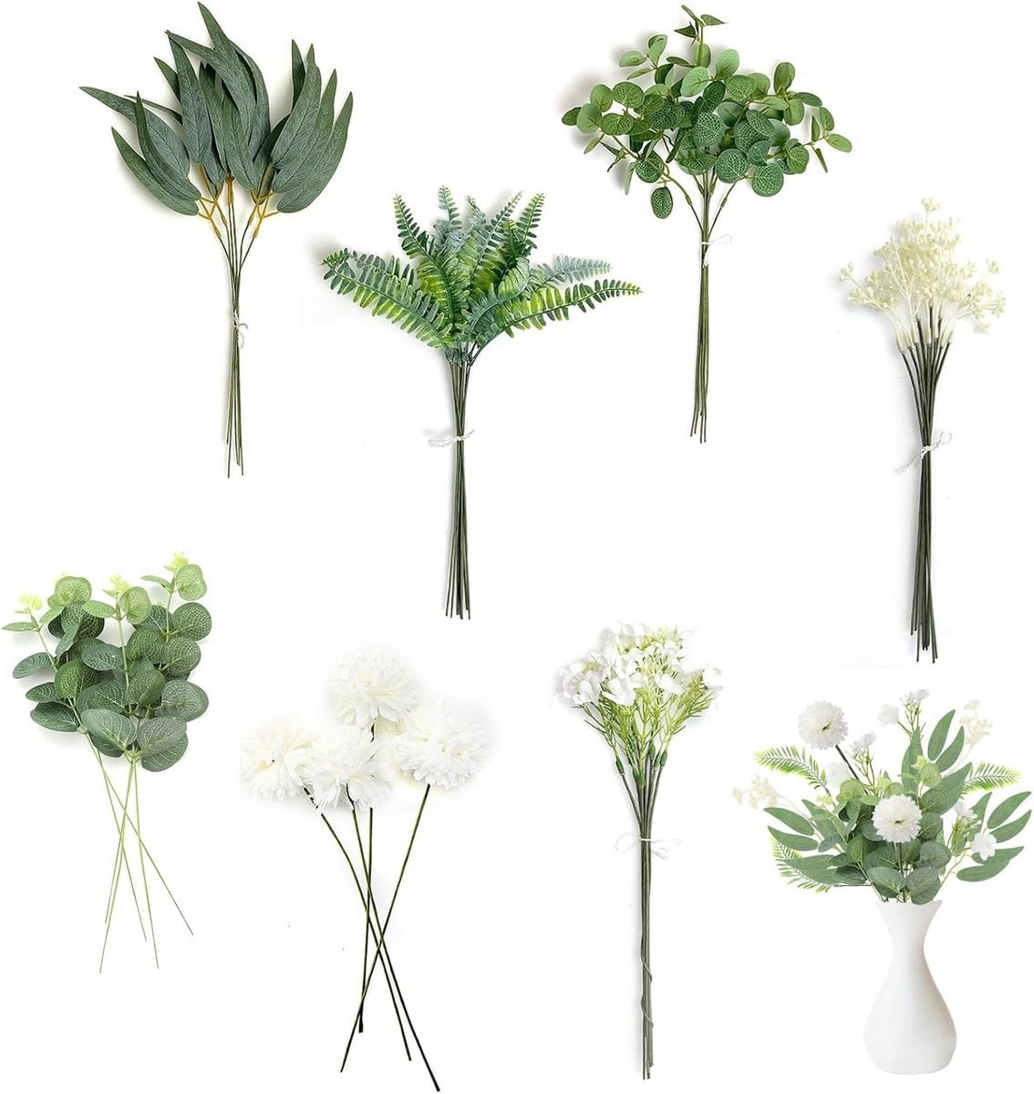 59-delige Set Kunsttakken en Bloemen voor Decoratie, Witte Kunstbloemen met Groene Bladeren en Eucalyptus Takken
