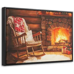 LEINWAND Bilder mit Rahmen - Winter - Weihnachten - Zuhause - Kamin - 60x40