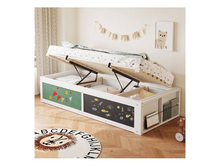 MODFU Kinderbett Schreibplatte und Bücher-Stauraum, Links/Rechts Montierbar (Einzelbett mit Hydraulischer Verstellung, Filzoberseite, Holzbett 90x200 cm), Inklusive Matratze