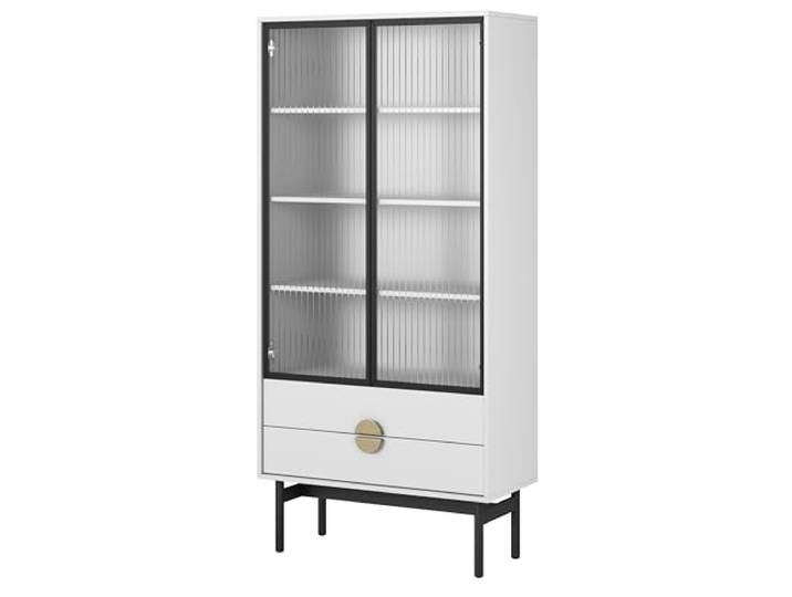 Selsey Vitrine Glas Vitrinenschrank Glasvitrine Wohnzimmer Glastür Hoch 84 cm 2 Schubladen 4 Fächer Weiß Stoon
