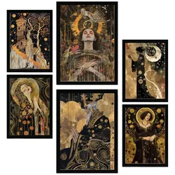 POSTER Set Mit 6 Tarotkarten Arcana Schwarz & Goldfarben A3 & A4 Schwarzer Rahmen