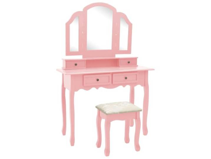 Schminktisch-Set mit Hocker Rosa 100x40x146 cm Paulownia-Holz 3-in-1 Spiegel, 4 Schubladen, viktorianischer Stil, Tisch und Hocker, Boudoir und Salon