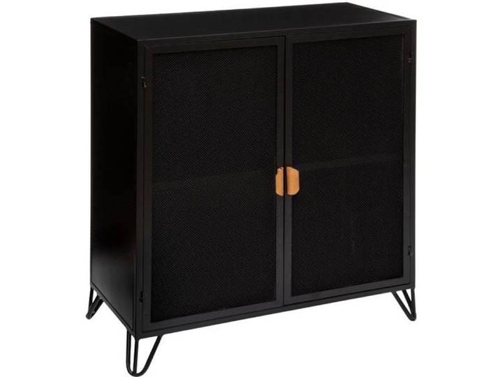 Meuble Buffet - ATMOSPHERA - Noir - 2 Portes - Poignées en Bois