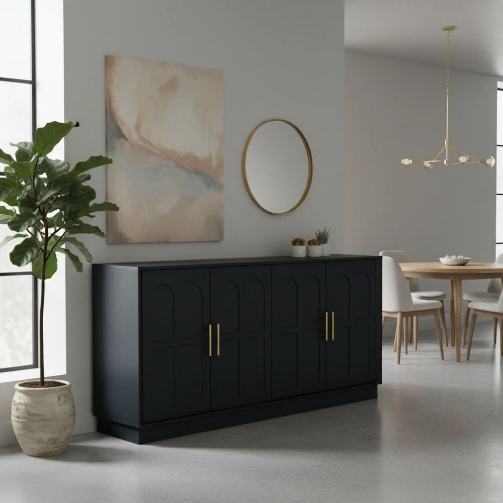 Urban Meuble Grand buffet d'apparat noir aux arches sculptées détails dorés Noir 169x80x40cm