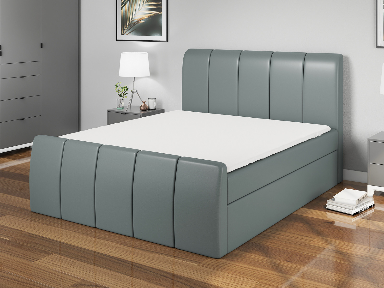 MBTmeble Boxspringbed KARIS 160x200 cm met Bonell-matras, topper, hoofdbord en 2 nachtkastjes