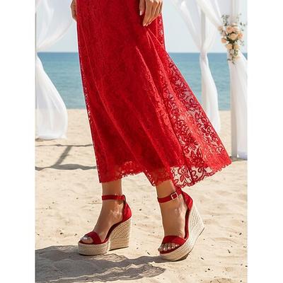 Braune Espadrille-Sandalen mit Keilabsatz und Knöchelriemen für Damen, elegante Brautjungfernschuhe im Strandstil für eine Hochzeit am Meer