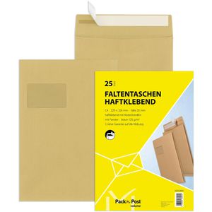 Mailmedia Faltentaschen C4, braun, mit Fenster, haftklebend, 25 Stück