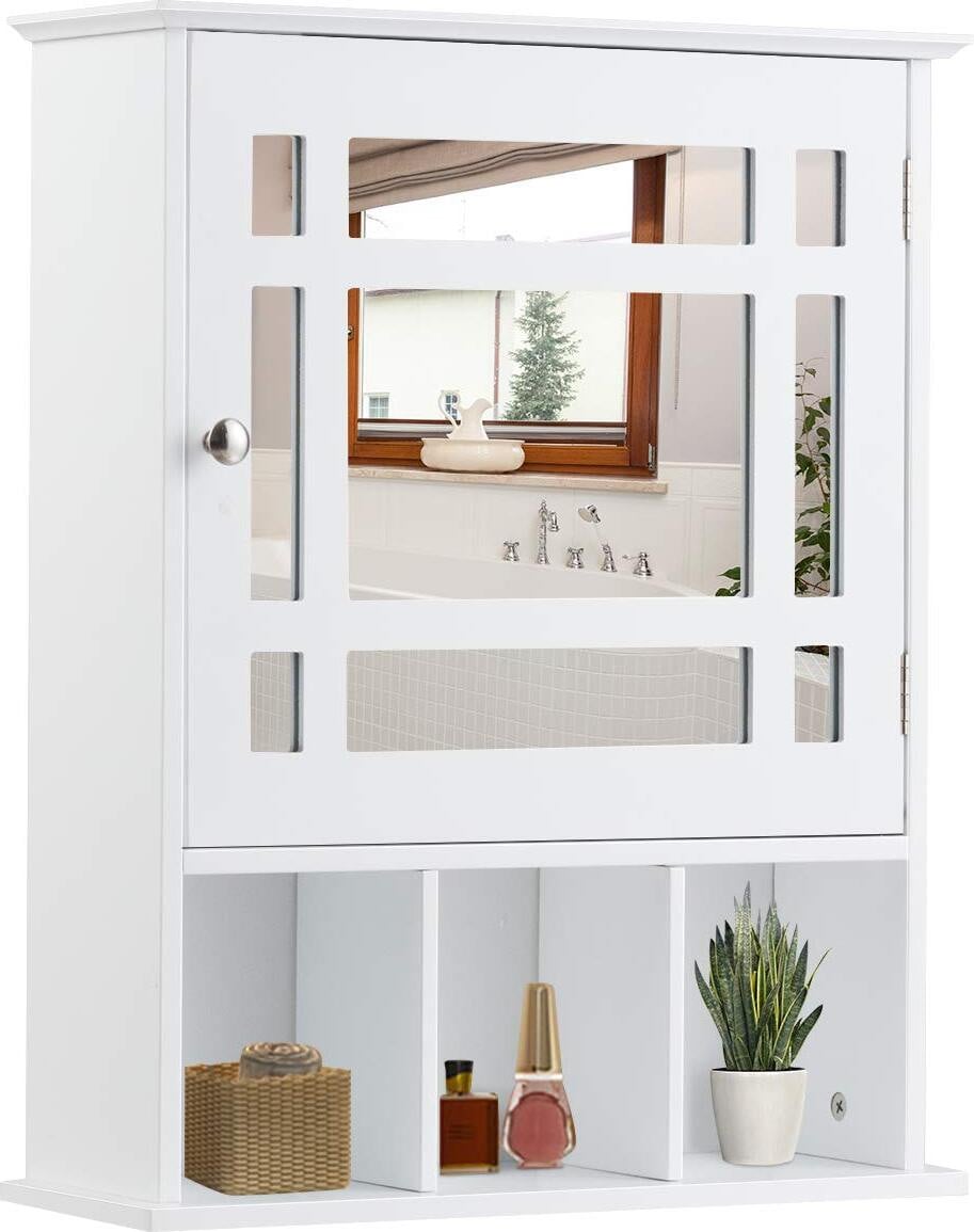 Costway Badkamer Wandkast met Spiegel en 3 Open Vakken, Wit