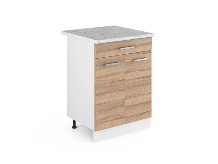 Vicco Küchenunterschrank R-Line, Sonoma, 60 cm 1 Schublade · Arbeitsplatte Marmor · Höhenverst. Füße · 2 Türen · Leichter Zugriff
