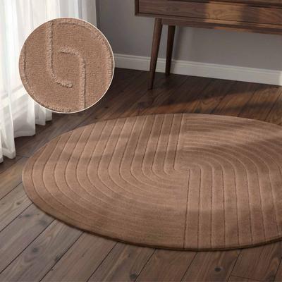 Wollteppich VIKOSA "Arcura", braun (beige), H:15mm Ø:150cm, Wolle, Teppiche, Wolle Handgemacht, Hoch-Tief-Effekt, Geometrisches Linien Wellendesign