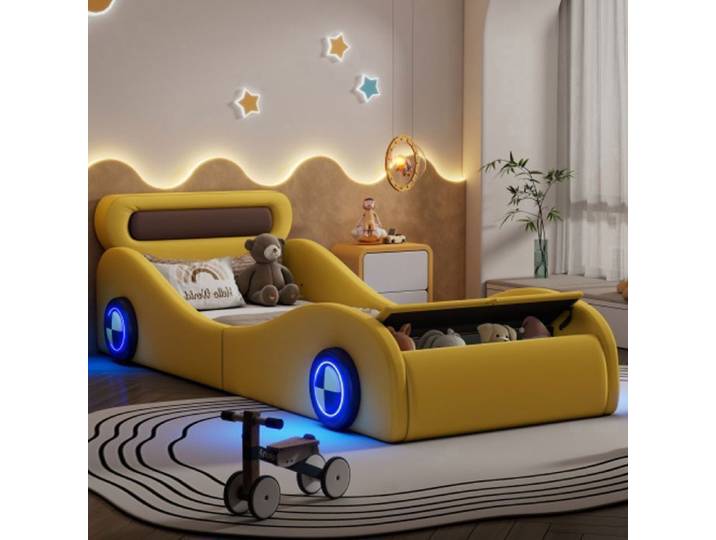 Lit Enfant - AUTREMENT - Voiture Jaune - 90x200 cm - Roues Lumineuses - Rangement PU