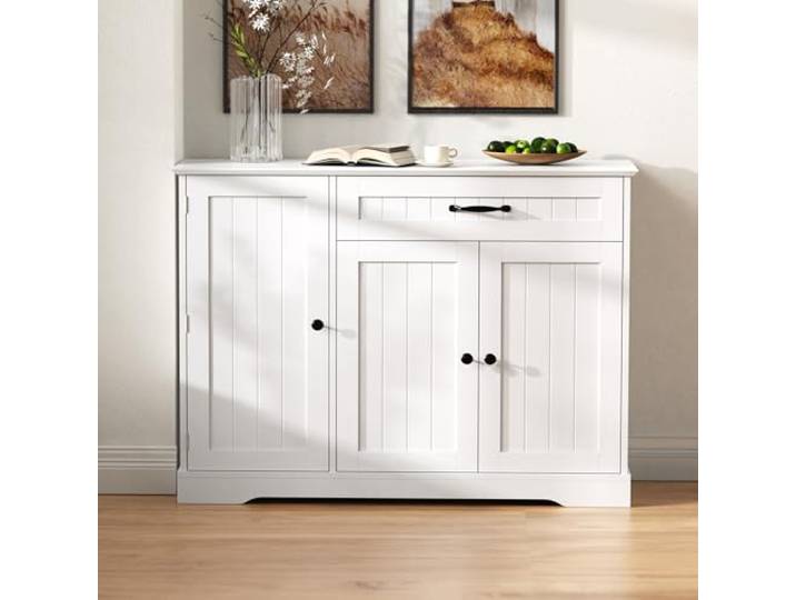 Merax Sideboard Weiß mit 3 Türen und Schublade, Kommode in modernem Design, Stauraum für Wohnzimmer