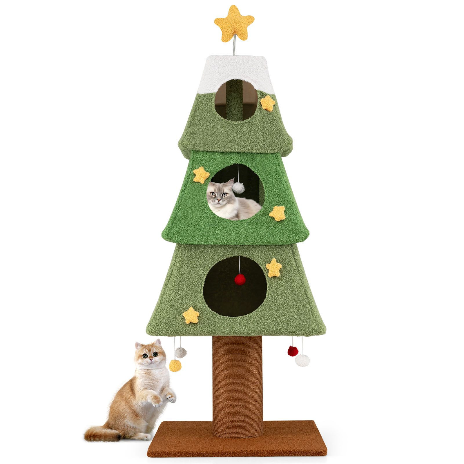 Costway Kerstboomvormige Krabpaal met Kattenhuis, Twee Kattenbedden en Drie Platforms voor Binnen