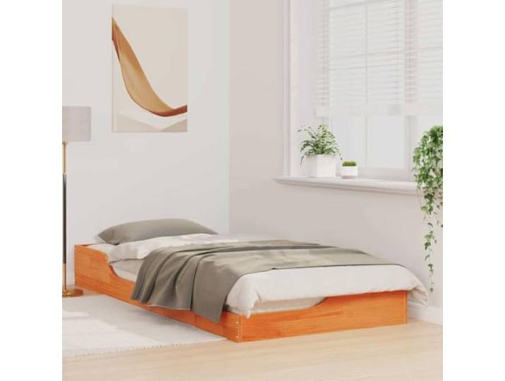 KTHLBRH Bett aus massiver Kiefer 80 x 200 cm braun gewachst Niedriges Design, robuster Rahmen, Metallverstärkungen, minimalistischer Stil für modernes Zimmer